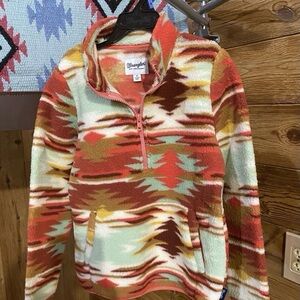 Wrangler Girls Aztec 1/4 Zip fleece sweatshirt, red, brown, and green, size M